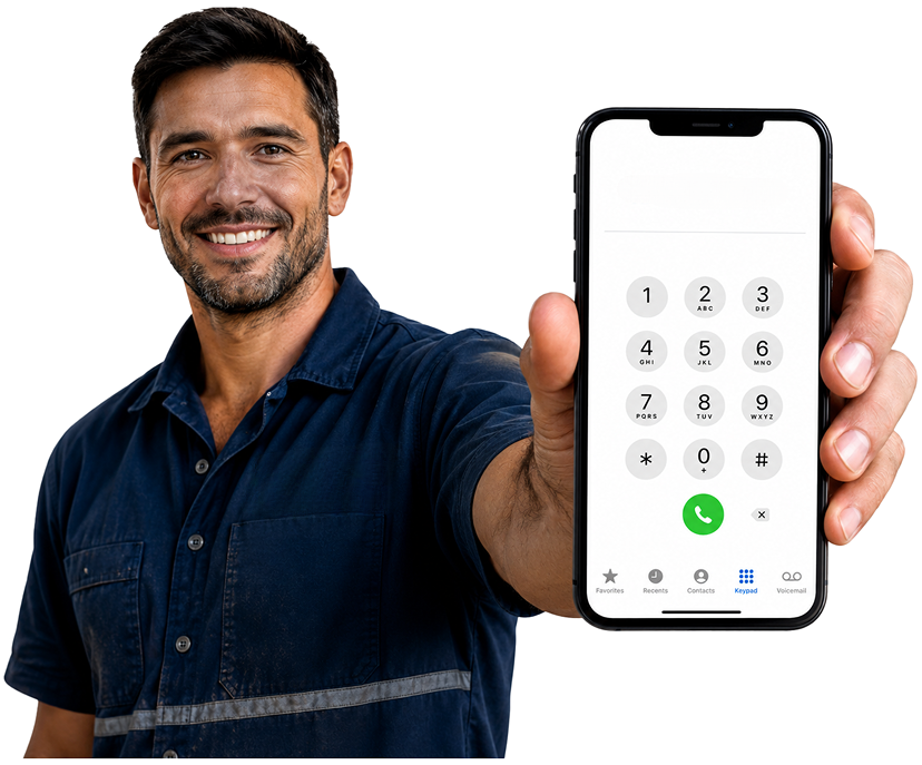 Bass Hill Blocked Drains plumber holding a phone — call 1300 261 965