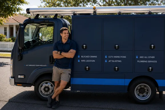 Plumber standing beside a service van in Bass Hill