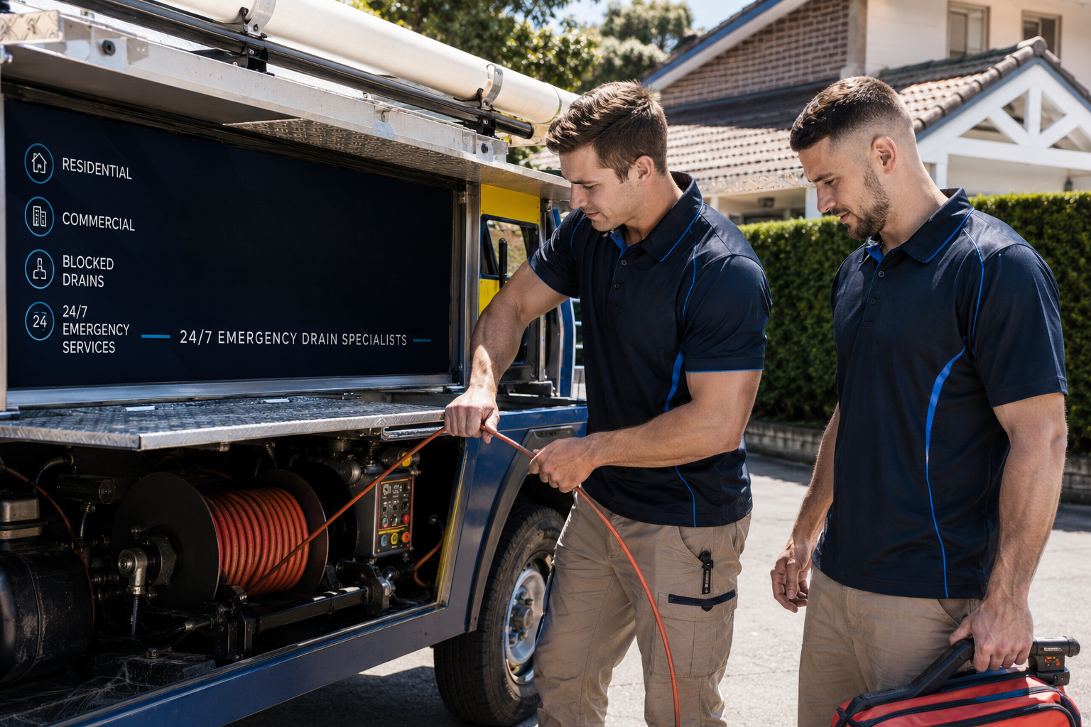 Plumbers clearing a blocked drain