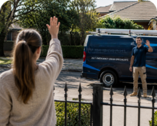 Customer waving goodbye to a Bass Hill Blocked Drains plumber
